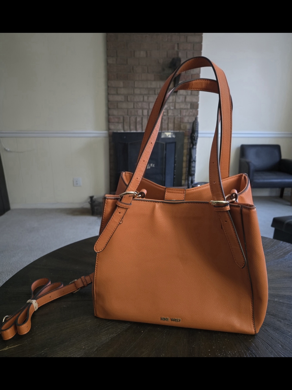 Nine West Orange Leather Shoulder Tote with Removable Strap